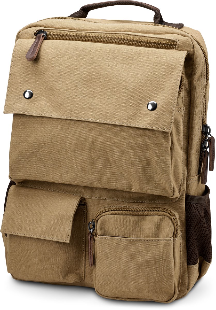 Compacte rugzak van mosterdgeel canvas en bruin leer