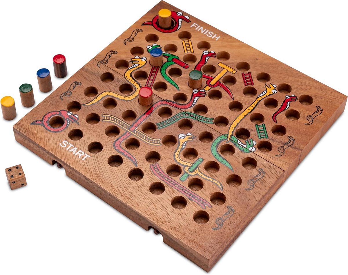 XL Houten Slangen en Ladders Spel met Inklapbaar Bord voor 2-4 Personen