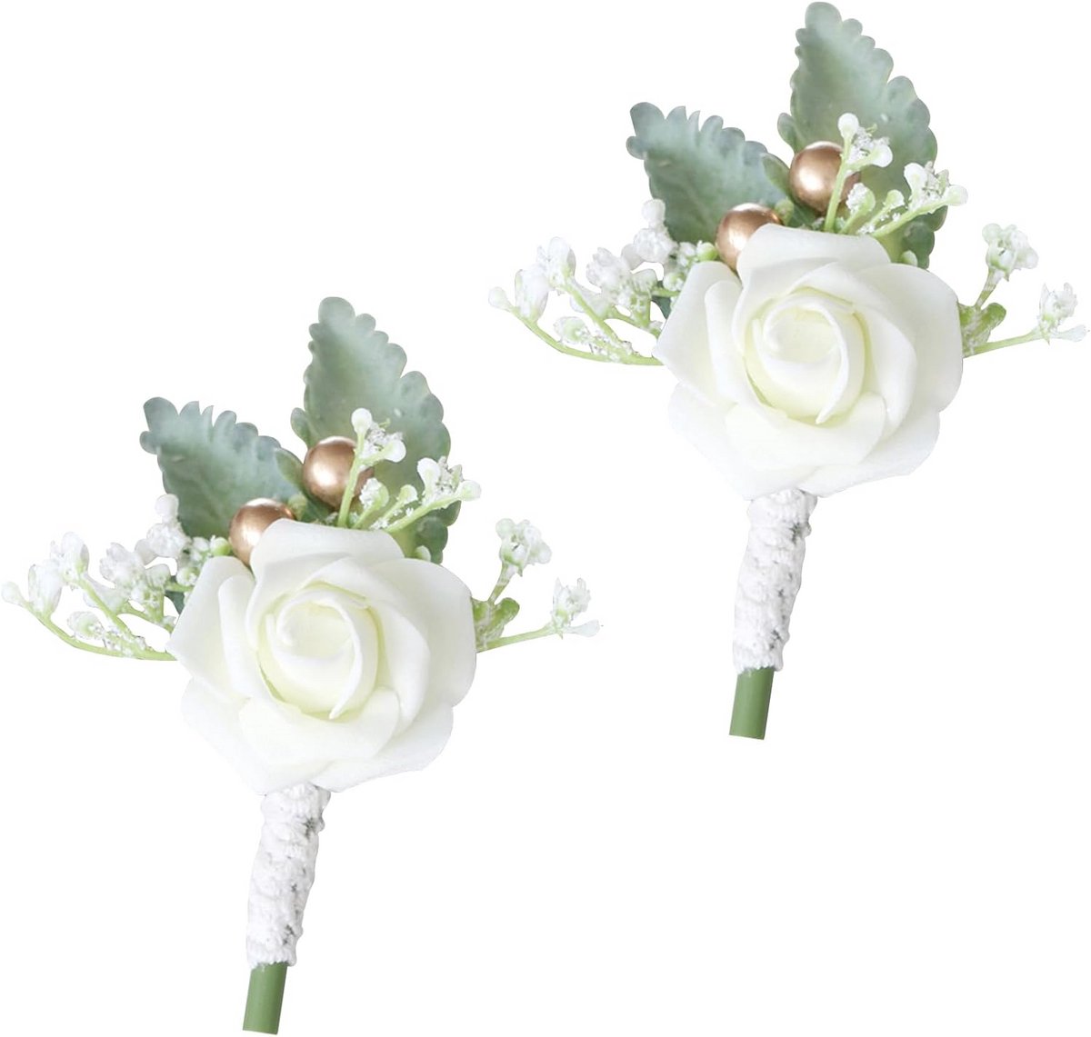 Kunstmatige Rozen Boutonniere voor Heren - Bloem Corsage voor Bruiloft en Feesten (Wit)