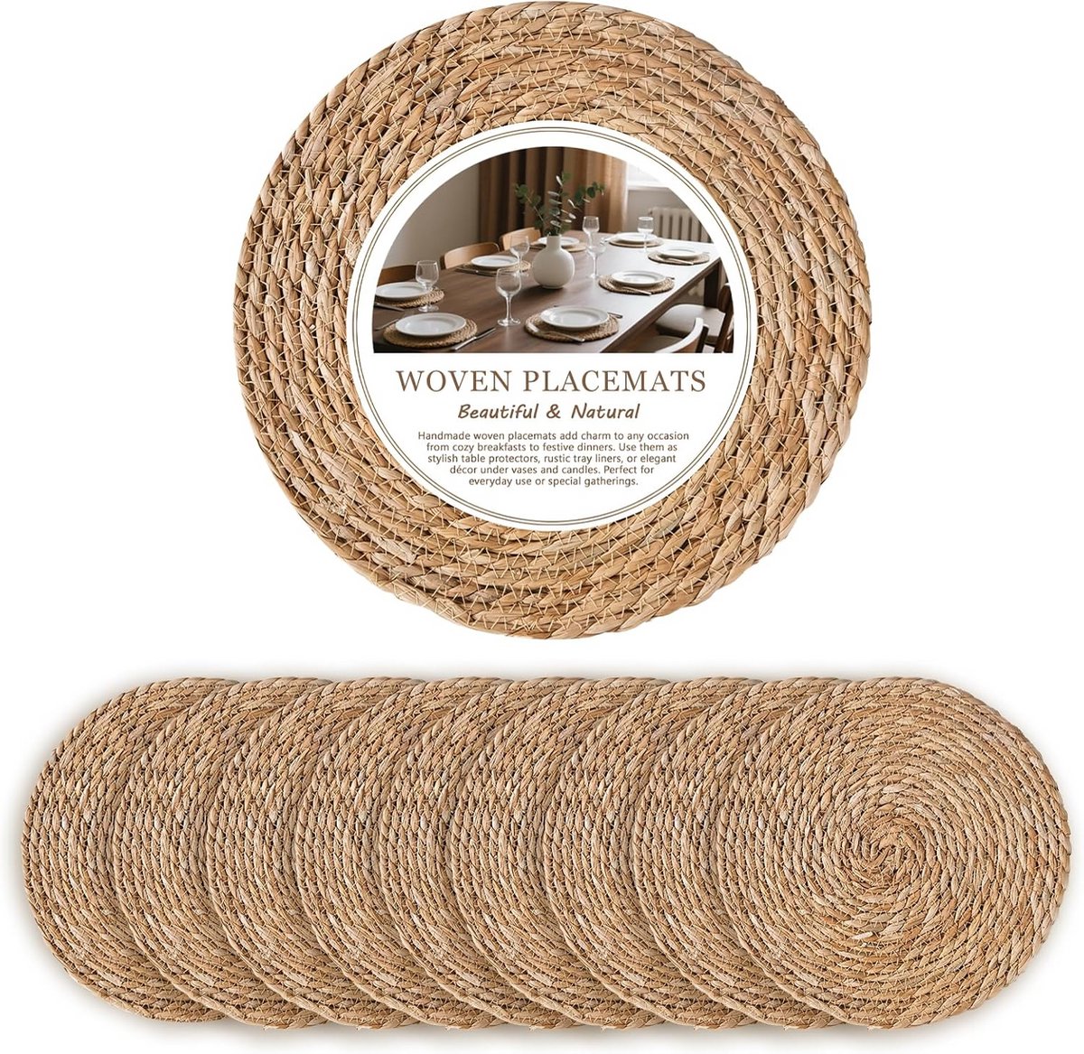 Set van 10 Ronde Geweven Placemats 35 cm - Stro en Rotan Tafelbescherming