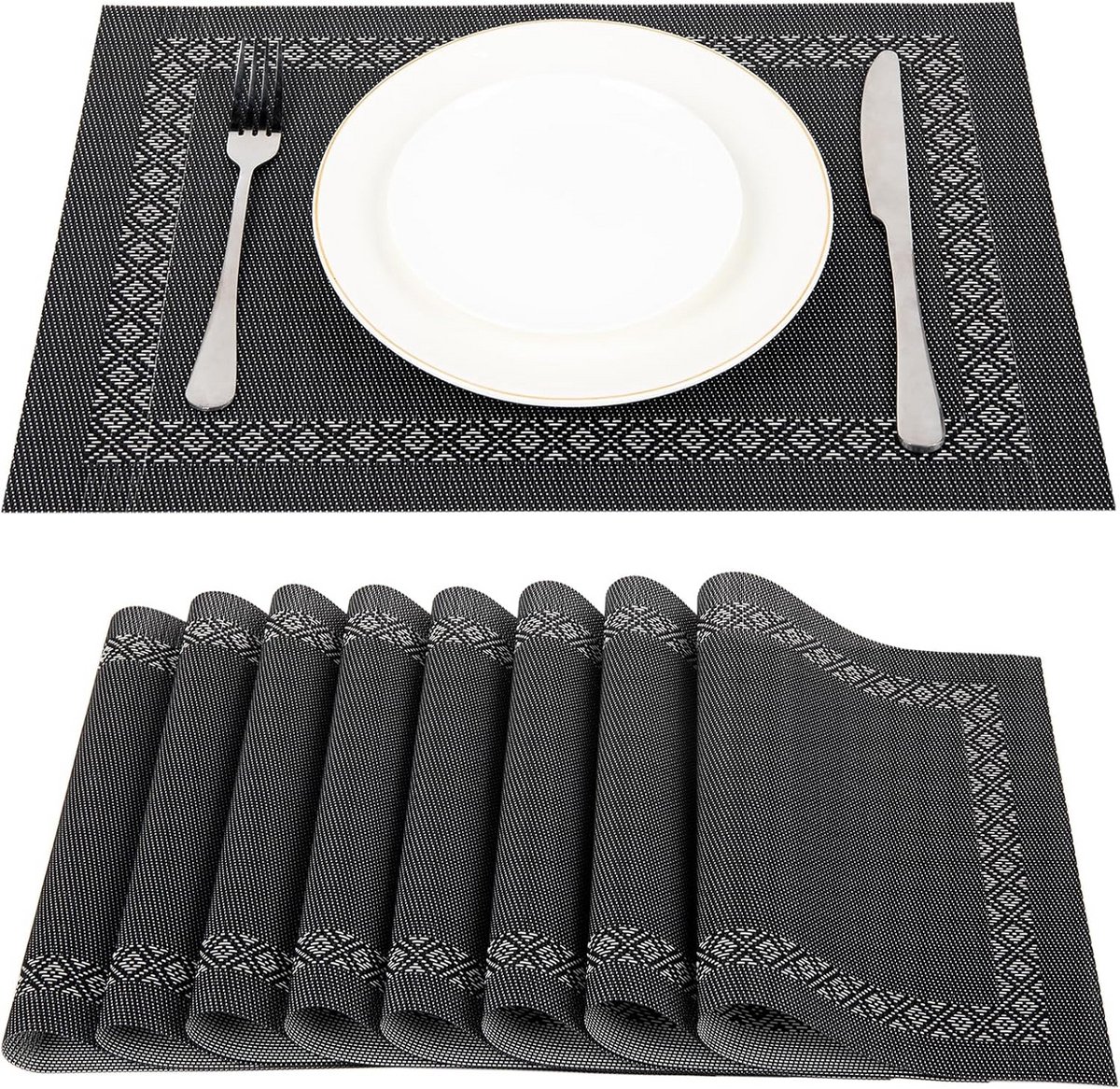 Set van 8 Geweven Vinyl Placemats Waterdicht 45x30 cm