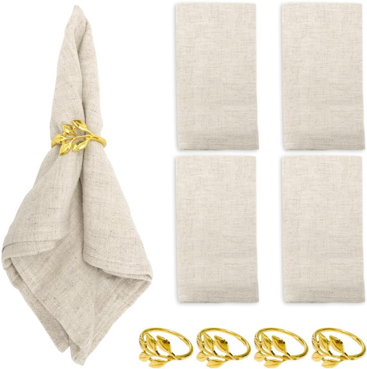 Set van 4 Beige Stoffen Servetten met Gouden Ringen, Wasbaar Linnen Katoen