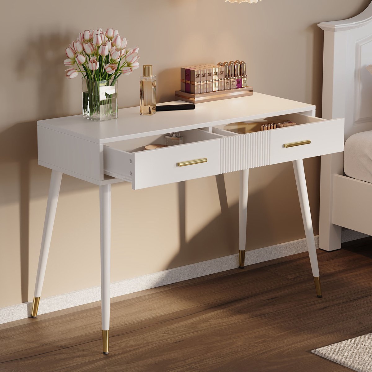 OKWISH Kaptafel En Bureau - Met 2 Laden - Voor Slaapkamer En Thuiswerkplek - MDF Wit - 100x40x76 Cm