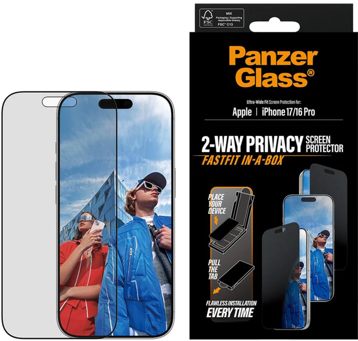 PanzerGlass Screenprotector geschikt voor Apple iPhone 17 Pro Glazen | PanzerGlass FastFit Screenprotector Privacy - Case Friendly - Zwart