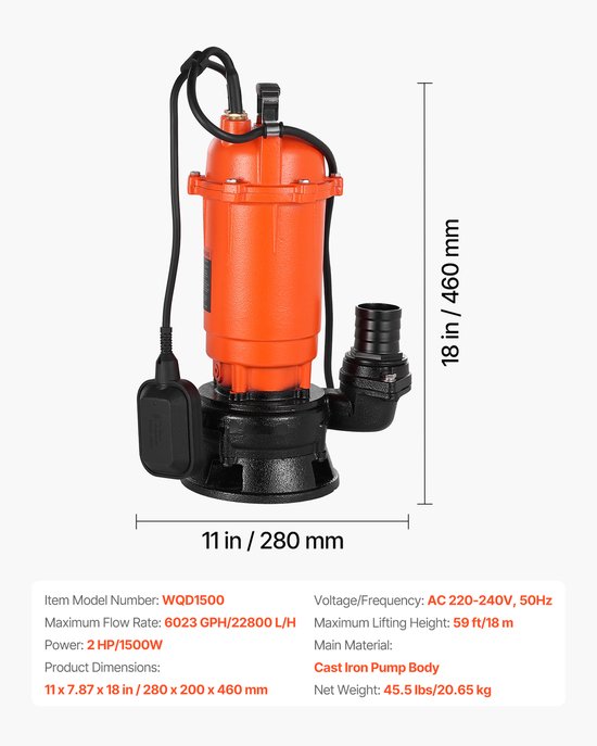 VEVOR 1500w Dompelpomp, 22800 L/U, Gietijzeren Vuilwaterpomp met Automatische Vlotterschakelaar, 18 M Opvoerhoogte, voor Het Wegpompen van Vuil Water, voor Zwembaden, Vijvers En Overstroomde Gebieden van Merkloos — afbeelding 3