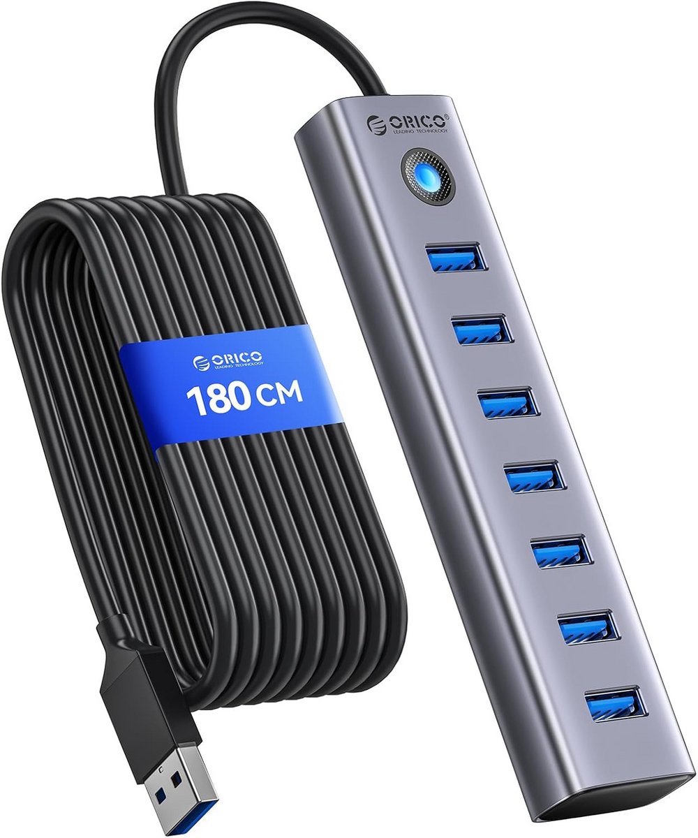 7 Poorts USB 3.0 Hub met Type-C Poort en Lange Kabel - Aluminium Verdeler