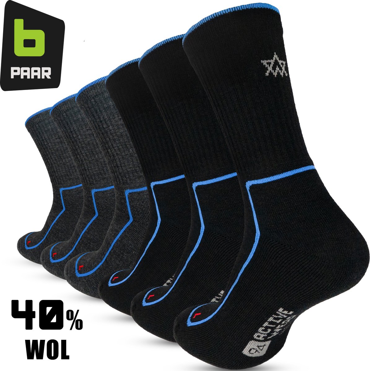 Premium Thermosokken Heren Merino Wol 6-paar Wollen Sokken Warme Sokken Dikke Wintersokken 40% Merino Wol Europese Kwaliteit 94Activewear Zwart
