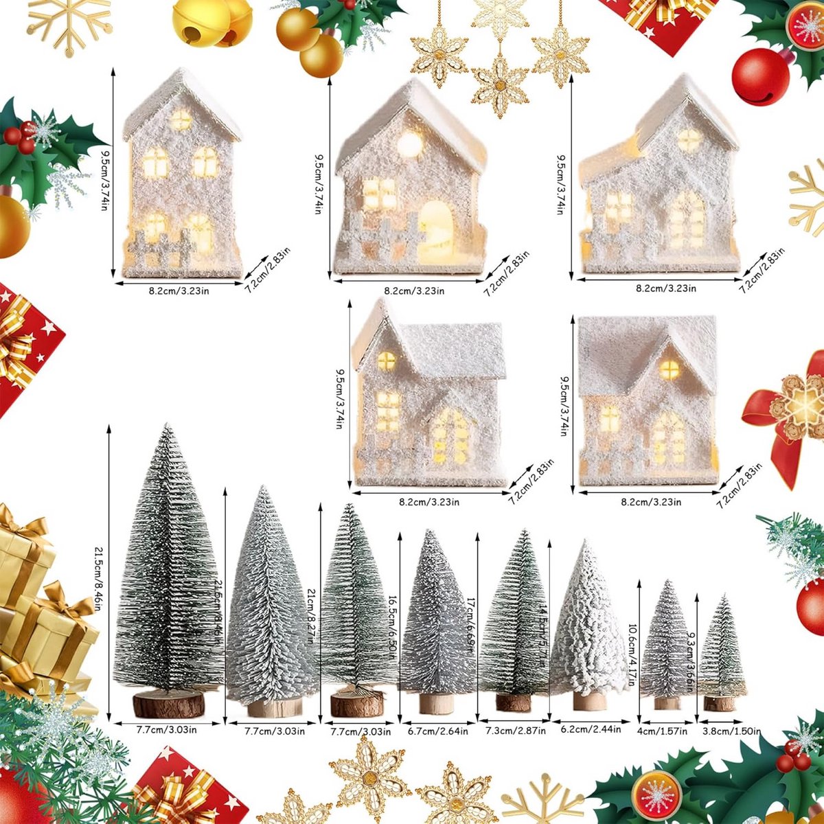Verlichte Kerstboerderij Set Wit - Houten Dorp met 8 Bomen Decoratie voor Tafel of Plank – foto 5