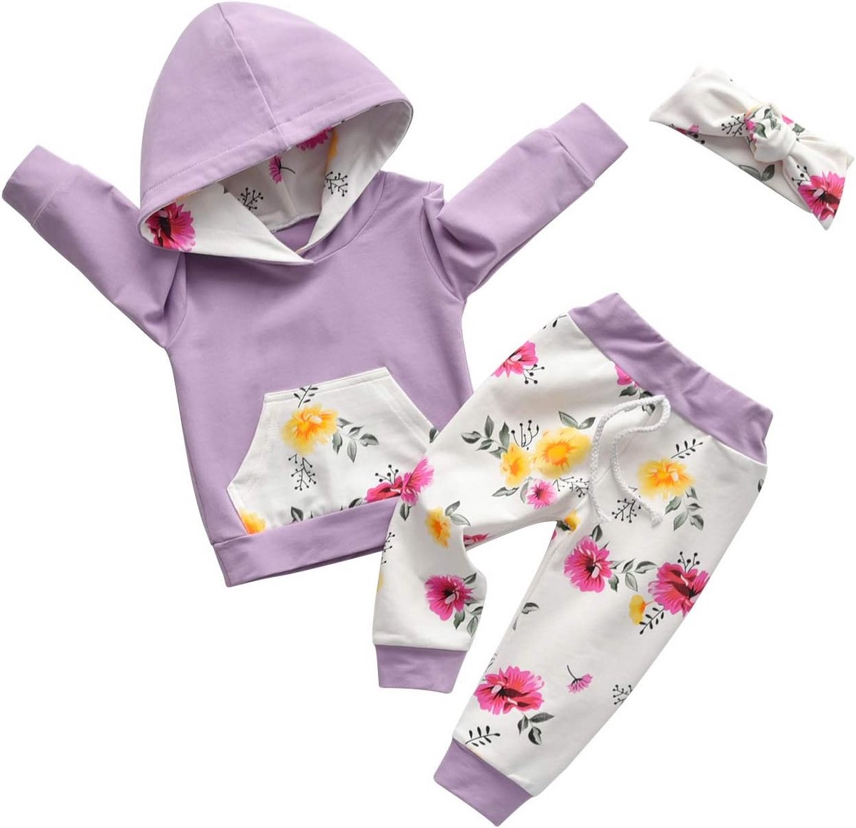 Set Baby Meisjes Kleding: Lange Mouw Hoodie, Bloemen Sweatshirt en Bijpassende Broek met Hoofdband