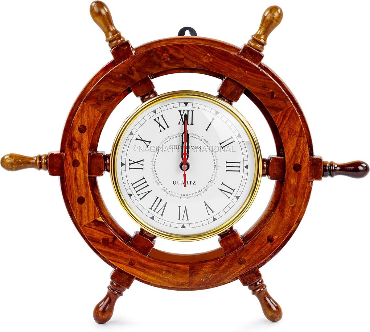 16 Inch Houten Scheepsstuur Wiel Wandklok - Vintage Maritiem Decor