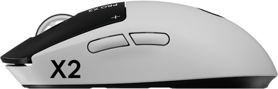 Witte draadloze gamingmuis met zwarte knoppen en scrollwiel. Zijkant toont 'X2'.