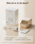 Inhoud van de doos: Niimbot labelprinter, rol etiketten, USB oplaadkabel en gebruiksaanwijzing.