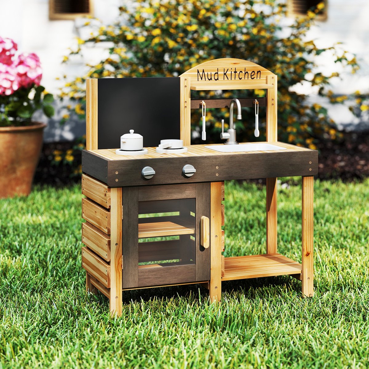 COSTWAY Modderkeuken voor kinderen, outdoor, kinderkeuken, hout met tafel, fornuizen en gootsteen, speelkeuken met kraan en oven, outdoorkeuken incl. accessoires voor kinderen vanaf 3 jaar — afbeelding 8