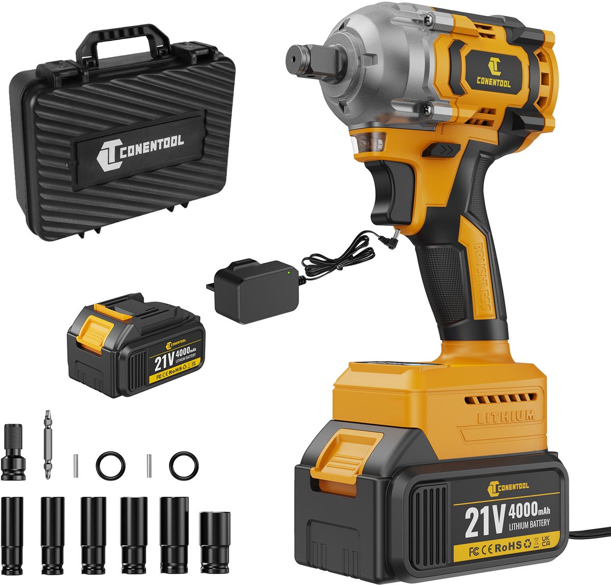 CONENTOOL 21V Accu Slagmoersleutel - 680N.m Koppel - 1 Accu 4.0Ah Batterij - Borstelloze Motor - LED-verlichting - Incl Accessoires en Koffer