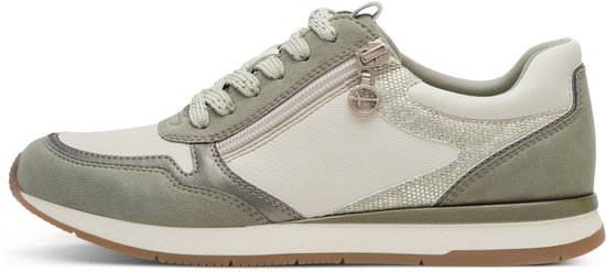 Zijzicht van een groene en witte Tamaris sneaker met veter en ritssluiting.