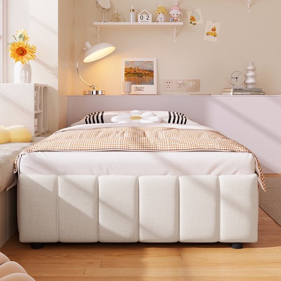 Lit de rangement REDOM 90x200x32 cm en lin avec MDF, système de levage hydraulique