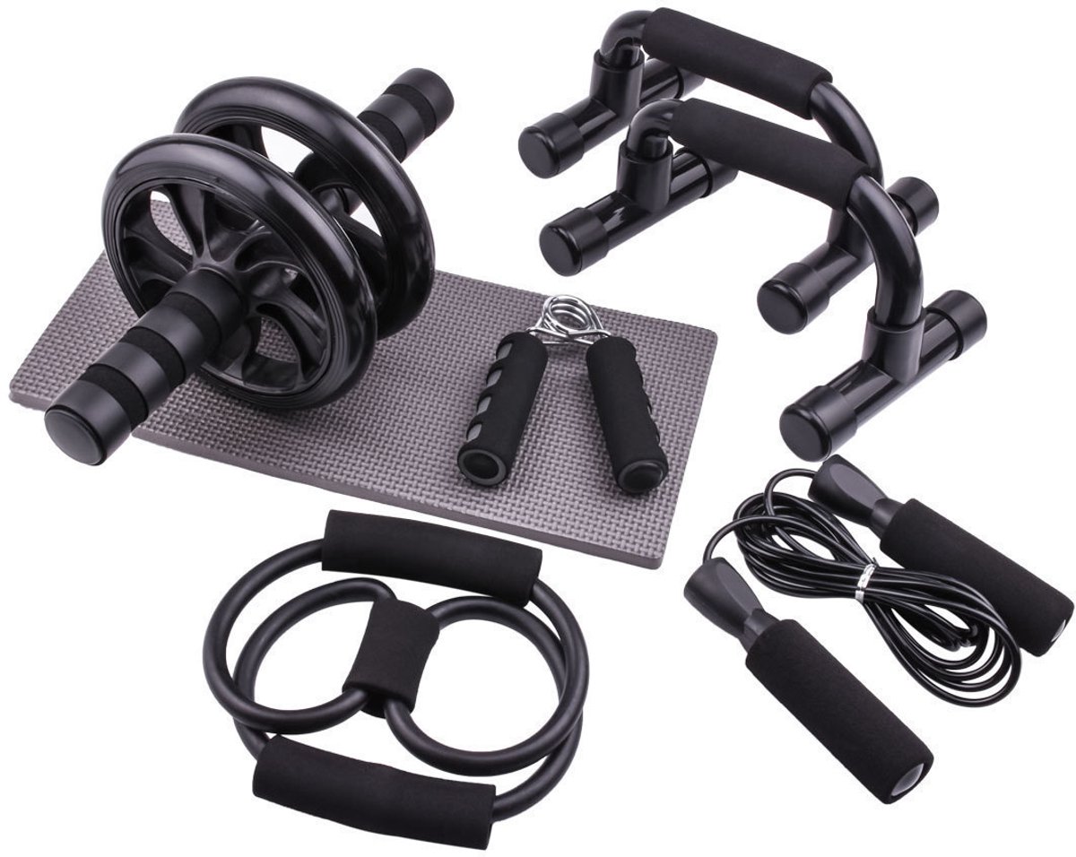 Wheel Roller Training Set | Met Push-Up Bar, Kniemat, Springtouw & Hand Gripper – Complete Home Gym voor Kernkracht - 6 stuks