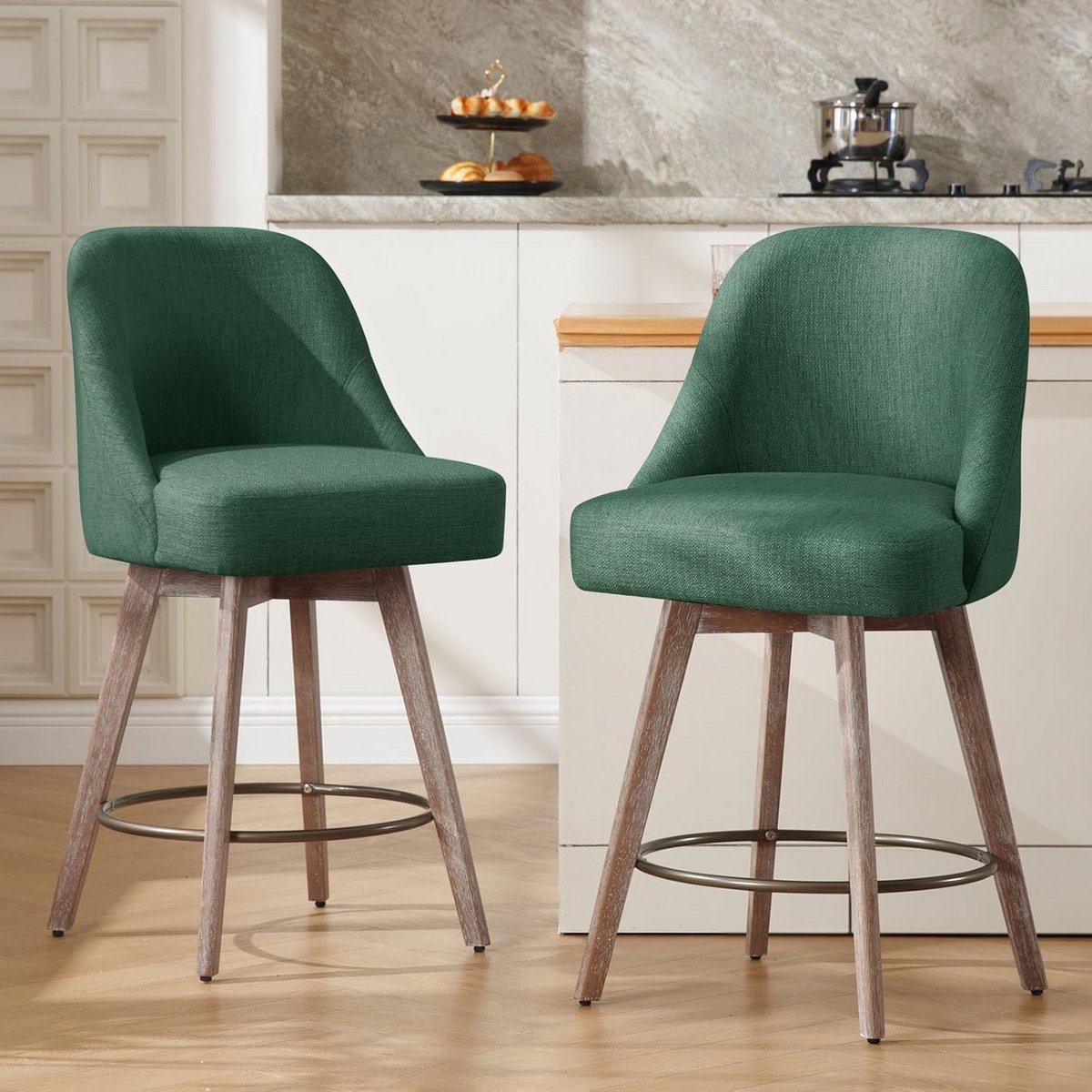 Set van 2 Draaibare Barkrukken 66 cm Zithoogte met Houten Poten en Gevoerde Zitting