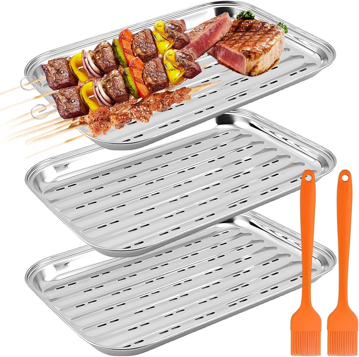 3x Herbruikbare RVS Grillschalen Set met Borstel - Perfect voor Groenten, Vis en Vlees