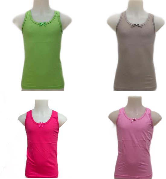 Meisjes hemdjes in groen, grijs, roze en felroze, allen met strikje.