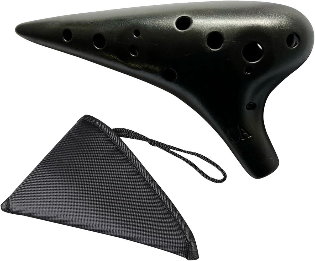 Ocarina van keramiek voor beginners - zwart - inclusief opbergtas - 17,5 x 9,5 cm