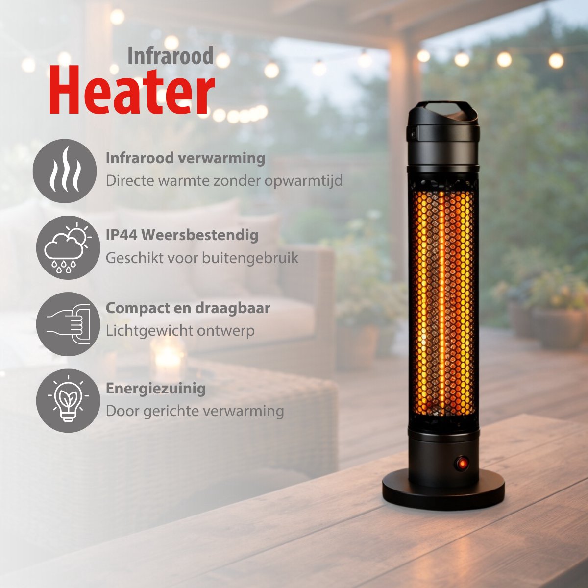 alpina Heater Terrasverwarmer Elektrisch - Infrarood Verwarming met 360 Graden Warmteverdeling - Heaters Elektrisch IP44 Spatwaterdicht - Terrasverwarmer Infrarood 800W voor Binnen en Buiten – foto 2
