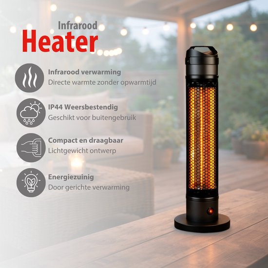 Zwarte staande infrarood heater met icoontjes voor infrarood verwarming, IP44, compact, en energiezuinig.