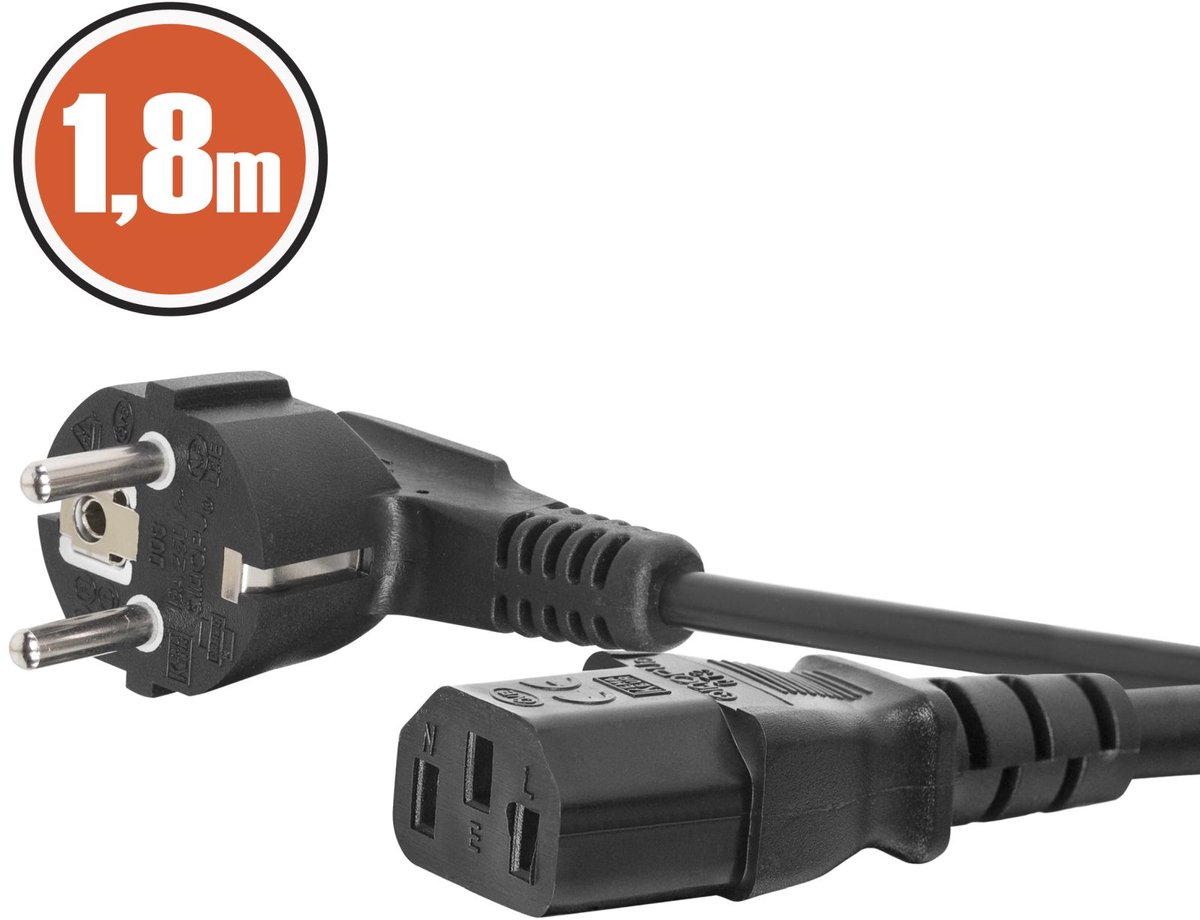 1,8 meter zwarte AC voedingskabel met IEC C13 aansluiting en haakse CEE 7/7 stekker - stroomkabel voor computers en apparatuur - 16A/250V, dubbele isolatie [20160]