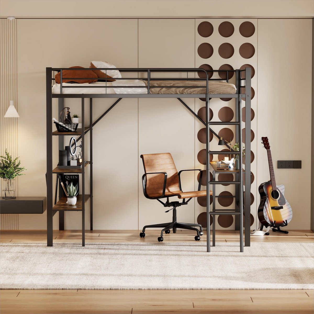 MIVRAY Hoogslaper 90x200 Cm - Met Bureau En Drie Grote Opbergplanken - Ruimtebesparend - Metaal En Mdf - Zwart - Zonder Matras