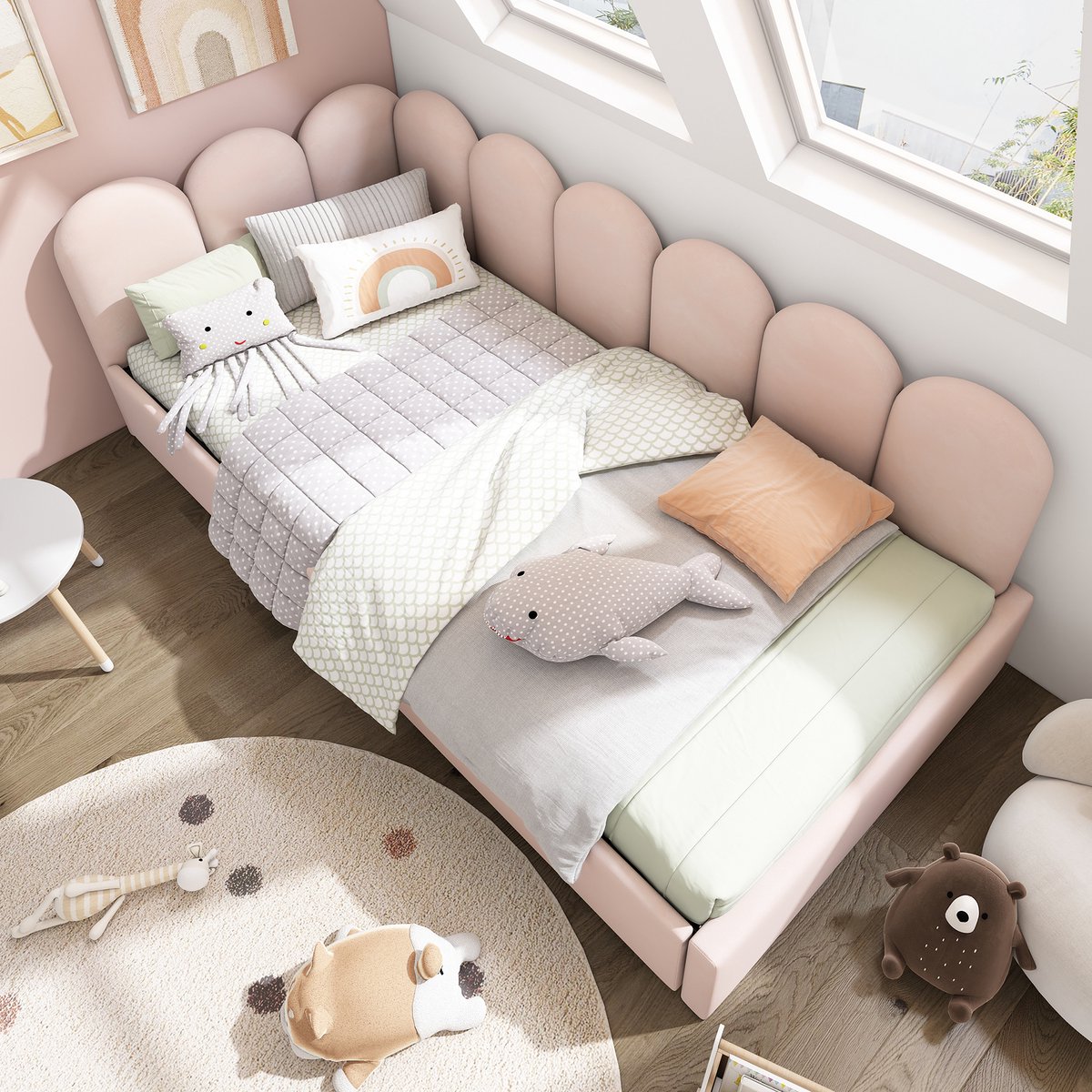 MIVRAY Gestoffeerd Daybed 90x190cm - Bedbank Met 2 Opberglades - Omkeerbaar L Vormig Frame - Fluweel - Roze - Zonder Matras