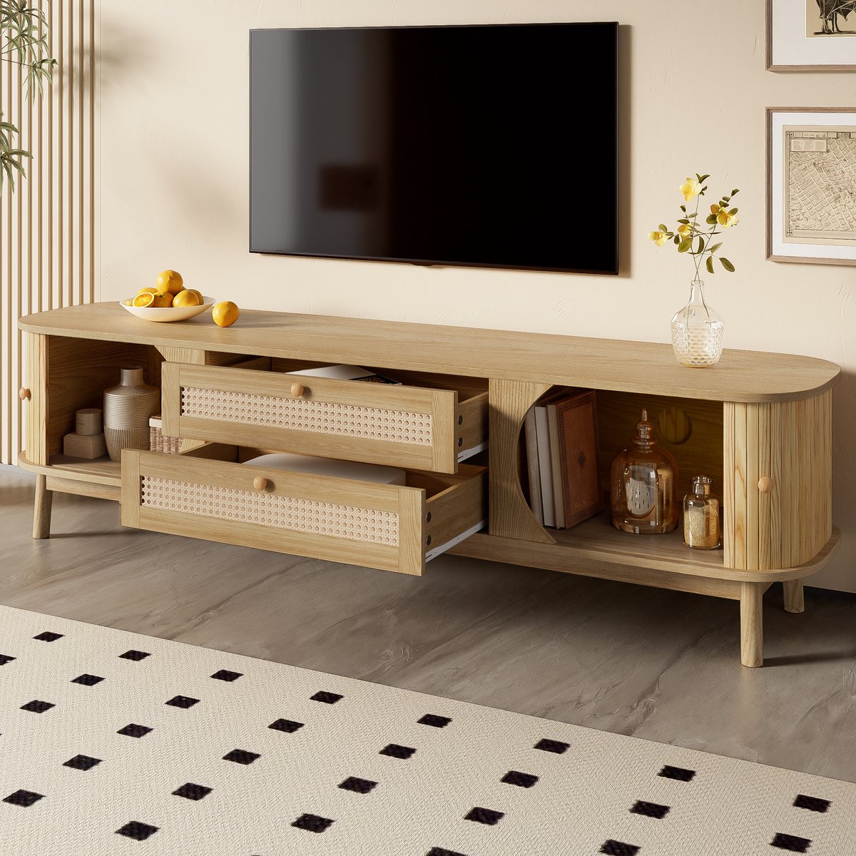 MIVRAY Tv Meubel - Rattan Schuifdeur Met Deuren En Laden - Opbergkast Voor Woonkamer - MDF En Massief Hout - 170x39,5x46 Cm - Naturel