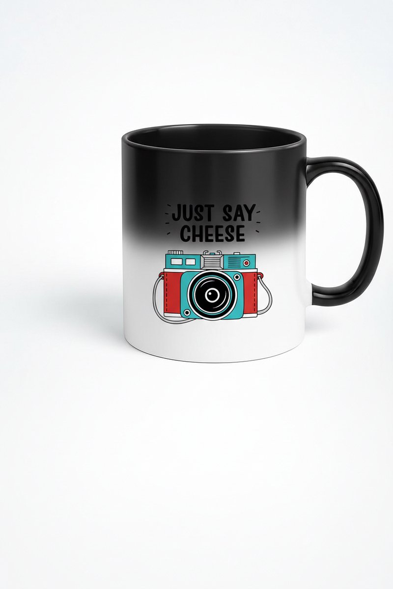 Magische Zwarte Mok met Camera - "Just Say Cheese" Design