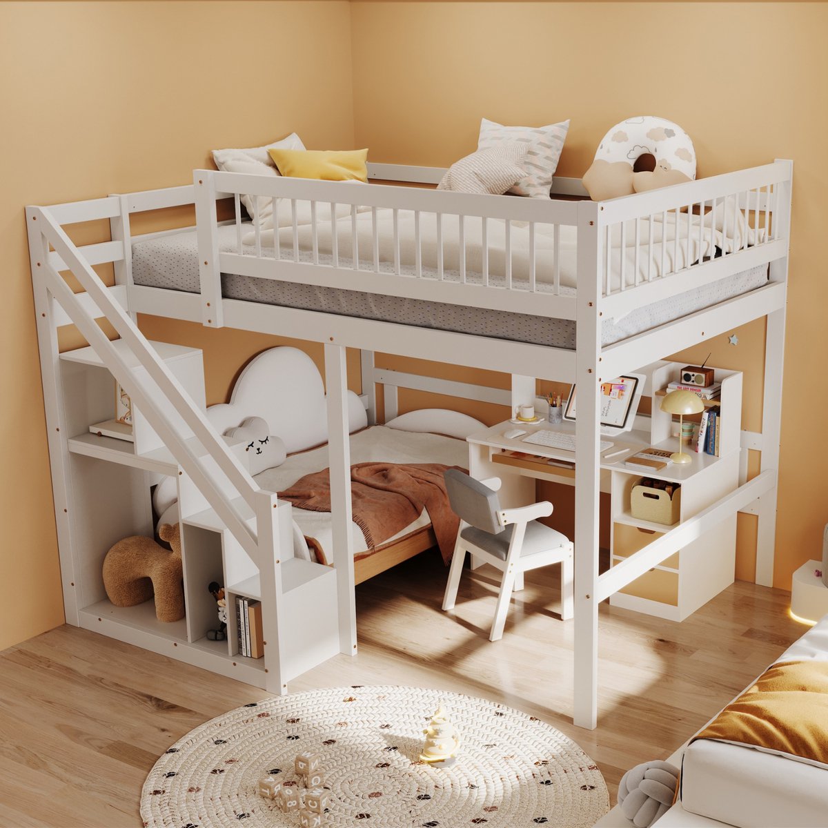 MIVRAY Halfhoog Bed 140x200 Cm - Met Opbergtrap En Hoge Uitvalbeveiliging - Voor Kinder En Tieners - Hout - Wit - Zonder Matras