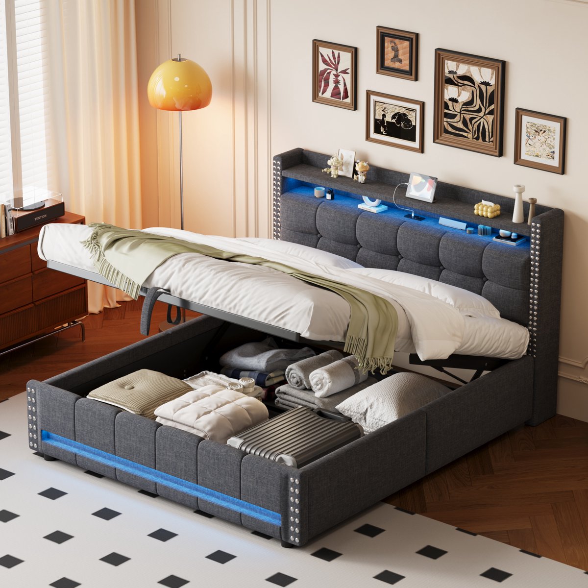 MIVRAY Gestoffeerd Bed 160x200cm - Tweepersoonsbed Met Ledverlichting En Usb Aansluiting - Met Opbergruimte - Linnen - Grijs - Zonder matras