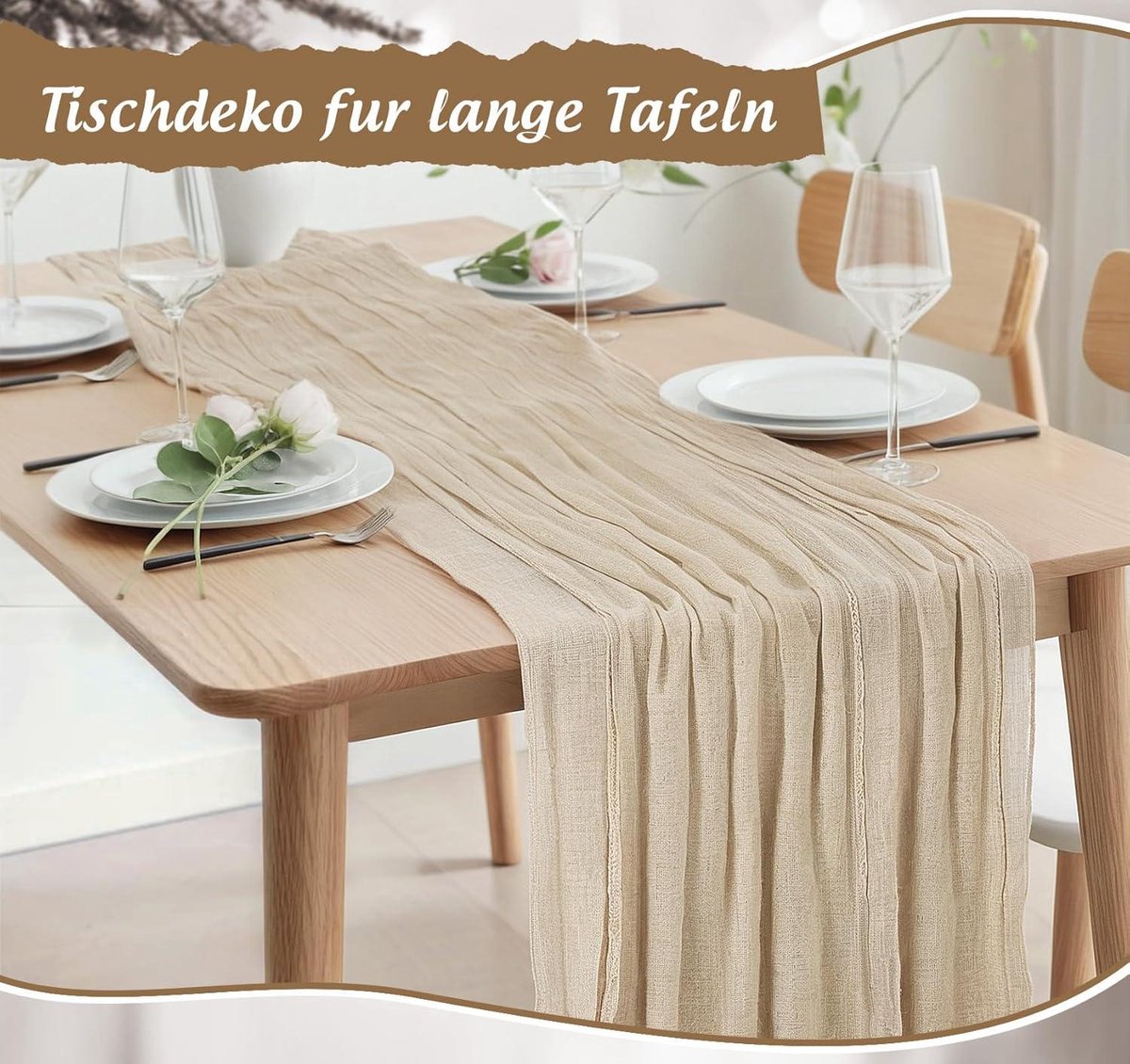 Kaasdoek tafelloper 80 x 300 cm - Beige - Boho tafelkleed voor bruiloft en babyshower
