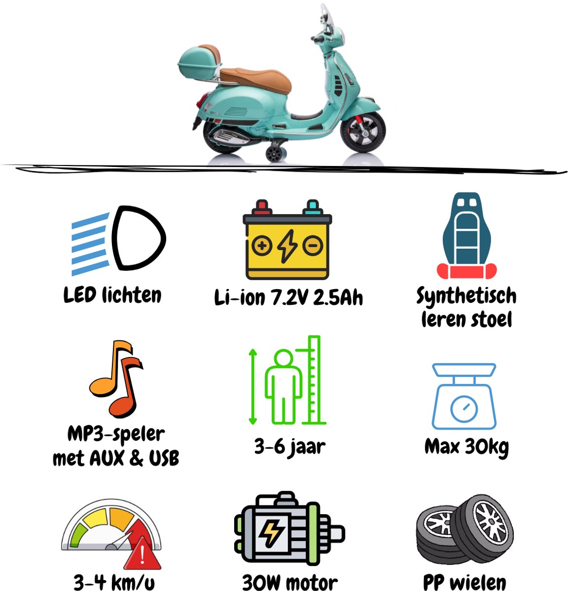 Vespa GT Full Option Elektrische Kinderscooter 3 tot 6 jaar – Officieel Gelicentieerde Kinder Vespa met Kofferbak & Verwijderbare Zijwieltjes – Li-ion Kindermotor met Kunstlederen Zitje, MP3 AUX & USB – Blauw — afbeelding 9