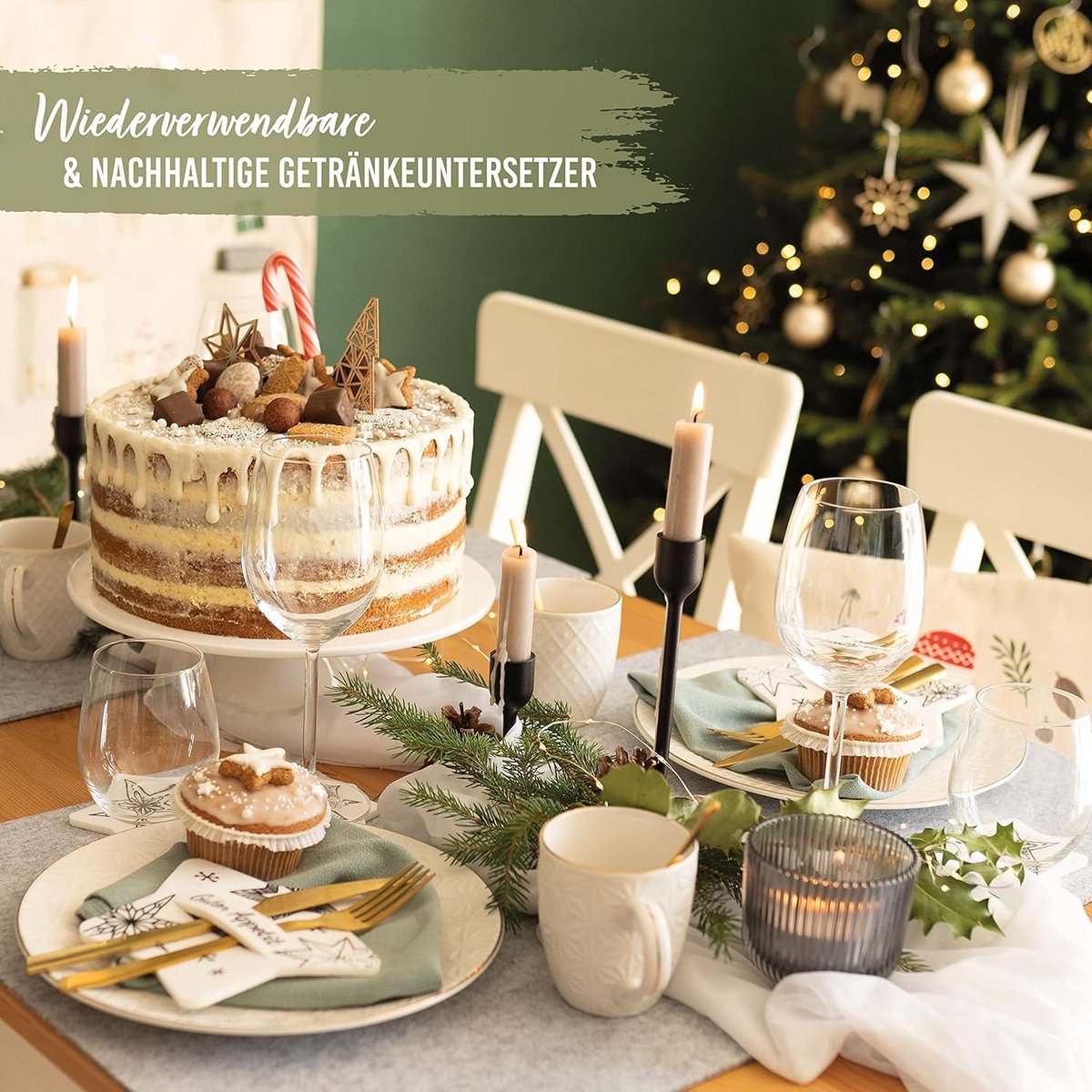 Set van 8 Vilten Kerst Onderzetters met Sterrenmotief - Tafeldecoratie