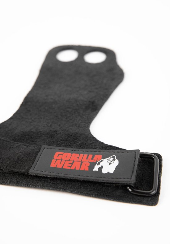 Detail van de zwarte Gorilla Wear 2-gat leren grip met rode logo.