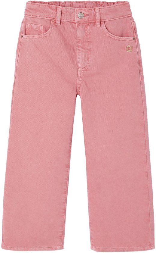 Roze wijde broek voor meisjes met elastische taille en geborduurd bloemetje.