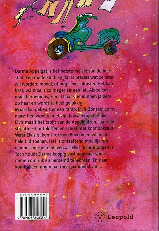 Achterkant van een kinderboek met een tekening van een scooter en tekst. Barcode en ISBN nummer.