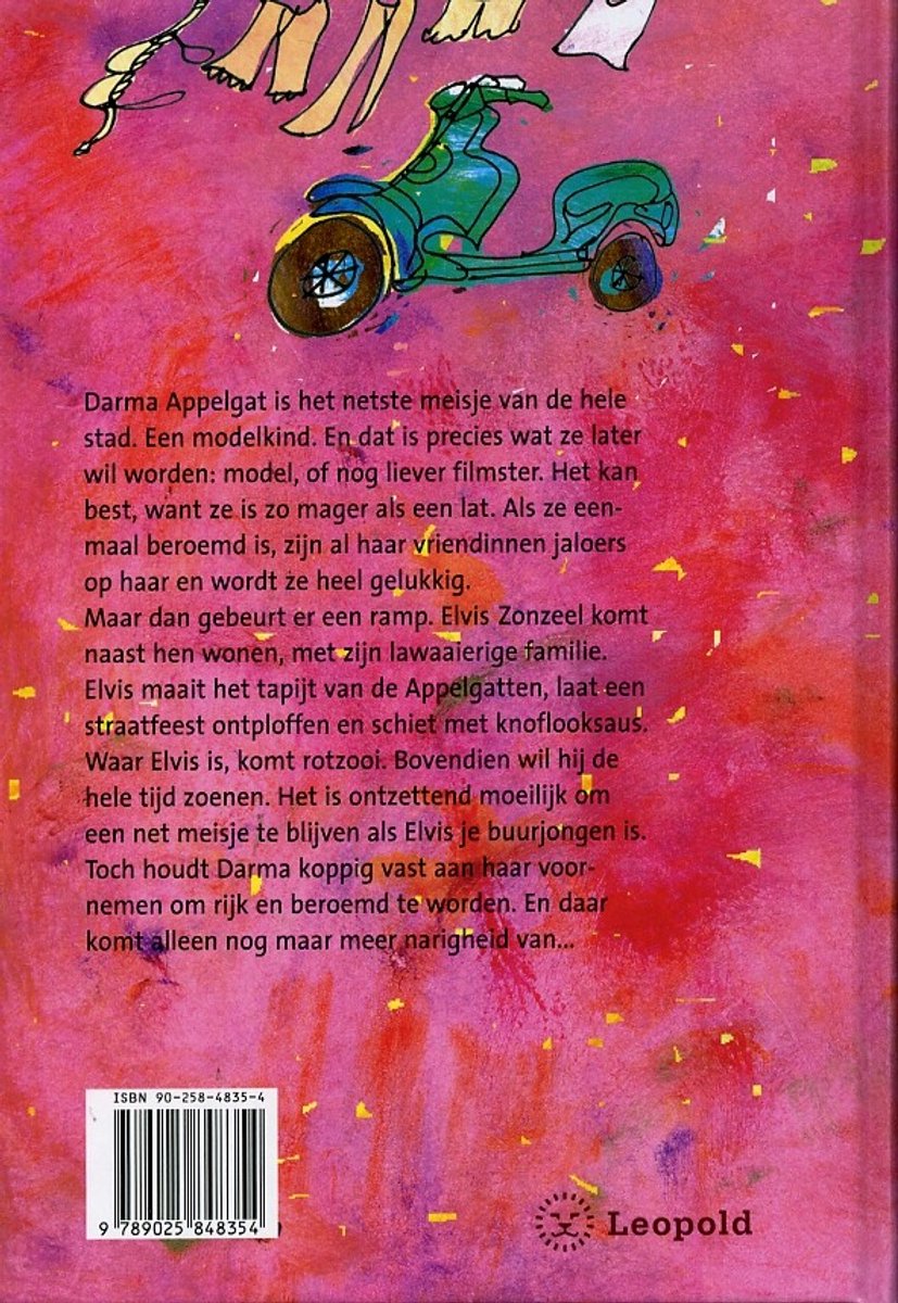 Achterkant van een kinderboek met een tekening van een scooter en tekst. Barcode en ISBN nummer.