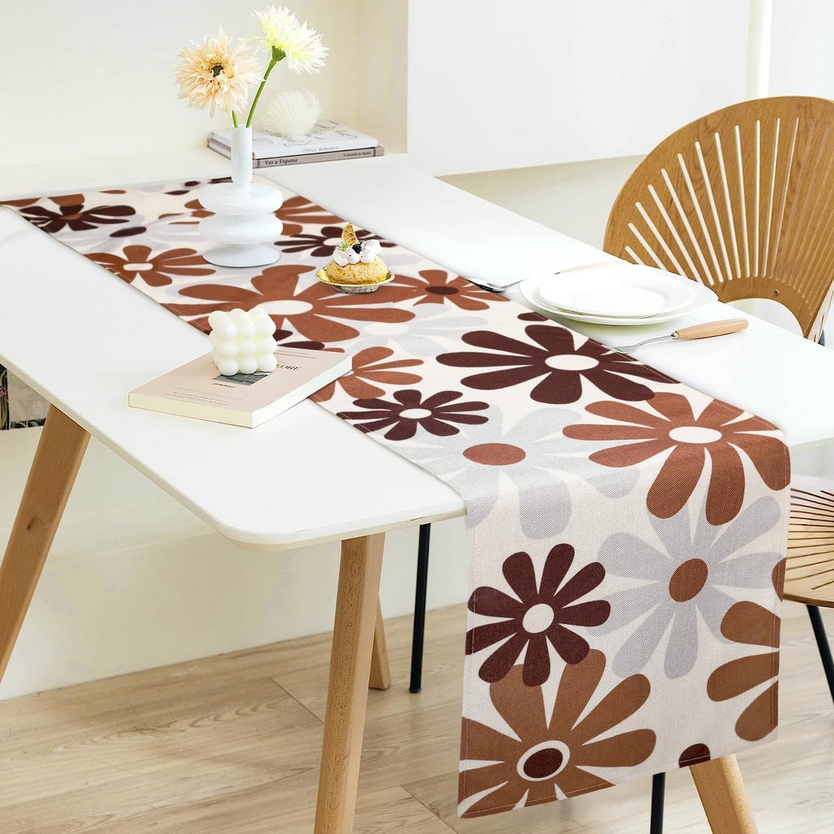 Tafelloper Bruine Bloemen Modern Grijs Linnen 40 x 140 cm
