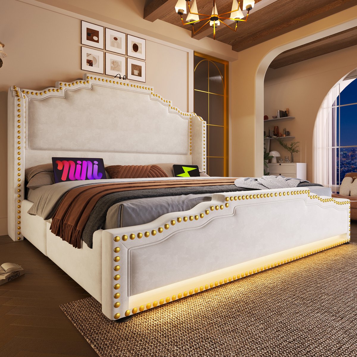 REDOM Bedframe 140x200 cm van velvet – Met LED (60.000+ kleuren), USB/Type-C, 4 lades en vintage design – Beige
