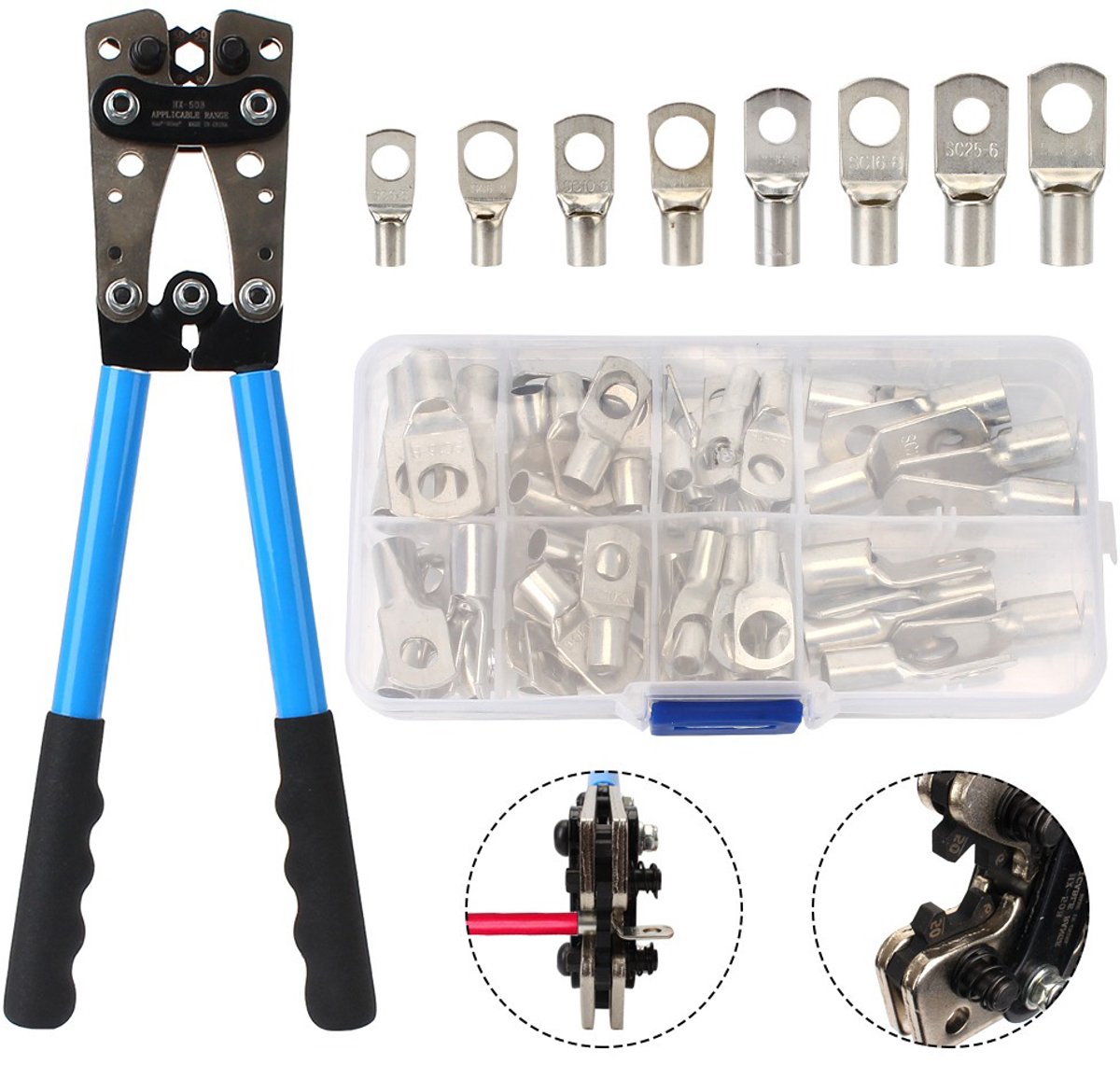 Homtas Krimptang Zeskant met - Krimptang- Kabelschoentang - 6 tot 25 mm2 - 60-delige accessoireset