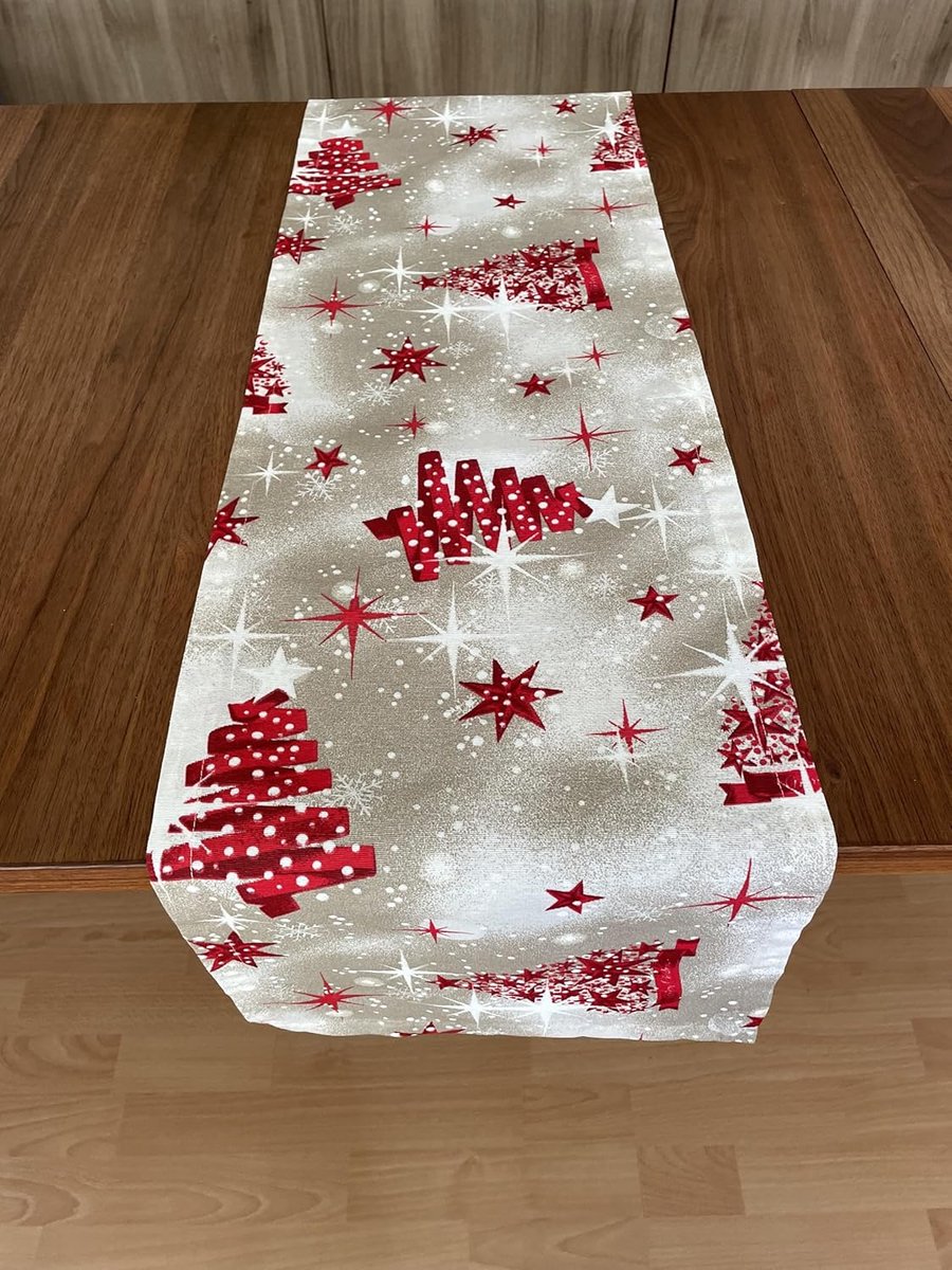 Feestelijk Kerst Tafelloper 50 x 140 cm Katoenmix Witte Bomen Kerstdecoratie