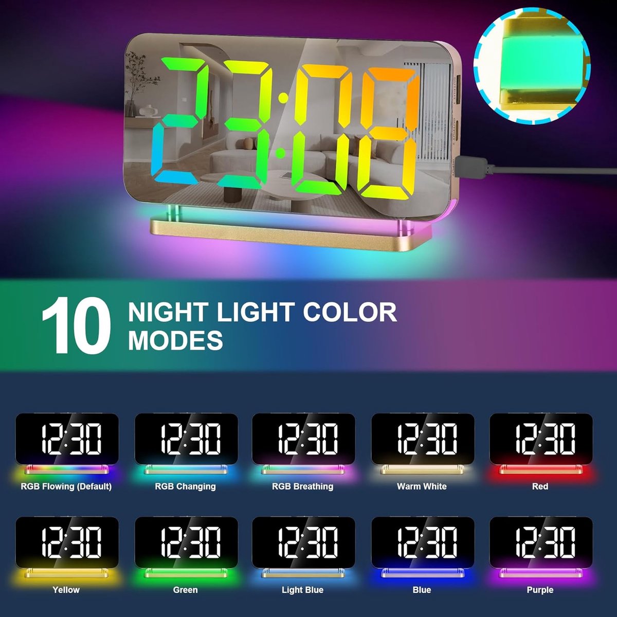 Digitaal Wekkerhorloge - Digitaal LED Elektronisch Bureauwekker - 11 Kleuren Tijdsweergave en RGB 10-Modus Nachtlamp - USB-C Oplaadbare Bedside Klok met Projectie - Geschikt voor Slaapkamer en Kantoor - Gouden Kleur — cadeau in Wonen & Interieur - foto 4