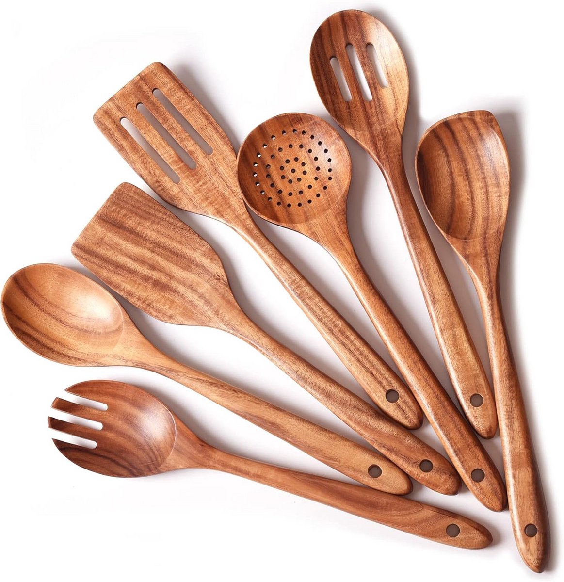 Houten Keukengerei Set (7-delig) met Lange Steel - Spatels en Lepels