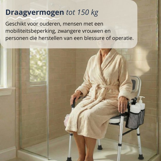 BY JRM® Inklapbare Douchestoel - Douchekruk - Incl. badset, douche puff, douchekophouder - Met Armleuning - Hoogte Verstelbaar - Antislip - Grijs