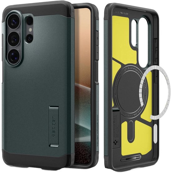 Schokbestendige Spigen Tough Armor Backcover met kickstand en draadloos opladen voor Samsung Galaxy S26 Ultra Abyss Green