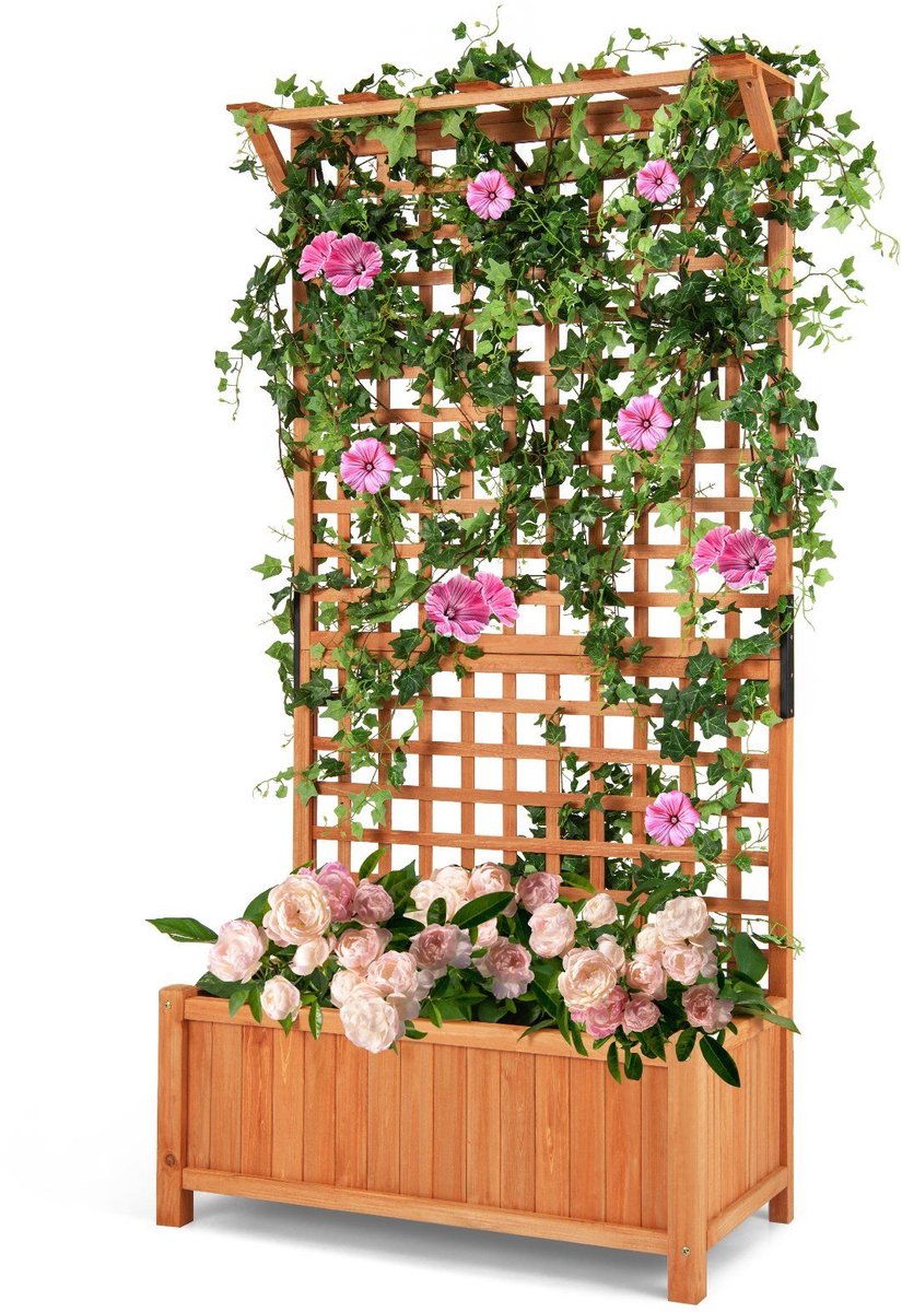 Plantenbak met klimrek - Bloembak - Weerbestendig - Met trellis - Buiten - Hout - Plantenrek - Verkoold